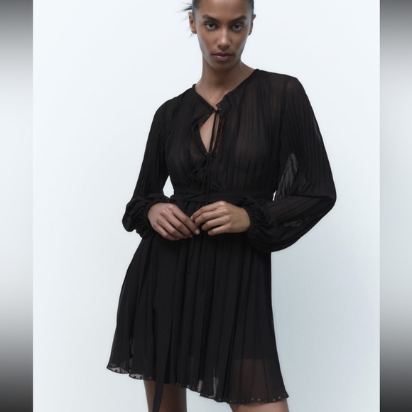 Zara | Dresses | Zara Black Pleated Stud Detail Mini Dress | Poshmark